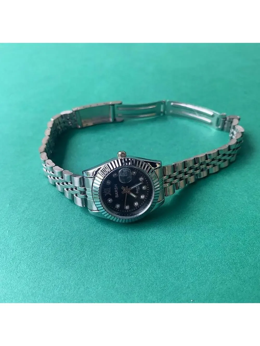 Classy Y2K Style Silver and Black Watch with Diamond Accents